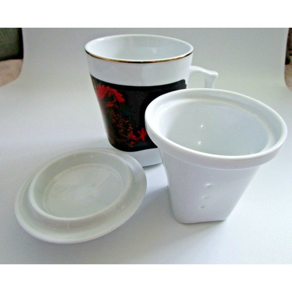 Vintage Korean Asian Red Dragon Design Black White Tea Cup With Lid And Infuser - Picture 6 of 10